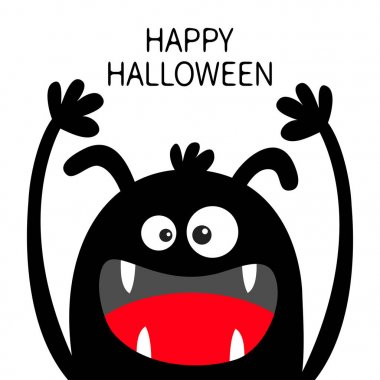 Cadılar Bayramınız Kutlu Olsun. Canavar kafa siyah siluet. İki göz, kulak, diş, dil, eller yukarı . Sevimli karikatür kawaii komik karakter. Bebek çocuk koleksiyonu. Düz tasarım. Beyaz arka plan.