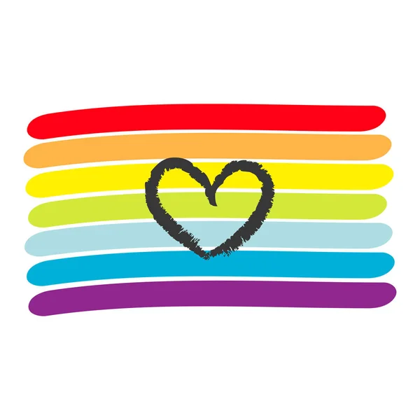 Bandera del arco iris. Símbolo gay LGBT. Forma de corazón. Señal de amor. Colorido juego de líneas. Diseño plano. Fondo blanco . — Archivo Imágenes Vectoriales