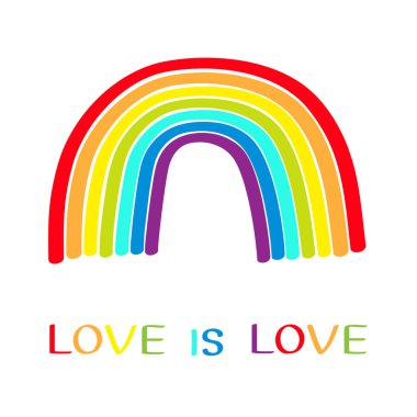 Beyaz arka planda gökkuşağı. Renkli çizgi seti. Tebrik kartı. Aşk aşk metin alıntıdır. LGBT topluluğu. Düz tasarım.