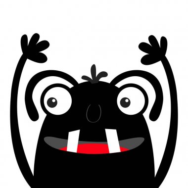 Canavar kafa siyah siluet. İki göz, dişler, dil, eller yukarı, kaş. Cadılar Bayramınız Kutlu Olsun. Sevimli karikatür kawaii komik karakter. Bebek çocuk koleksiyonu. Düz tasarım. Beyaz arka plan.