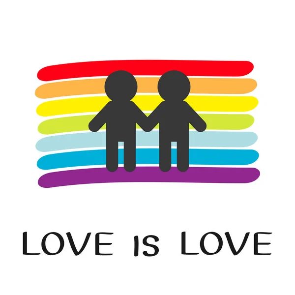 Rainbow flag backdrop. LGBT gay symbol. Love is love. Two boy man marriage sign. Colorful line set. Flat design. White background. — Stock Vector