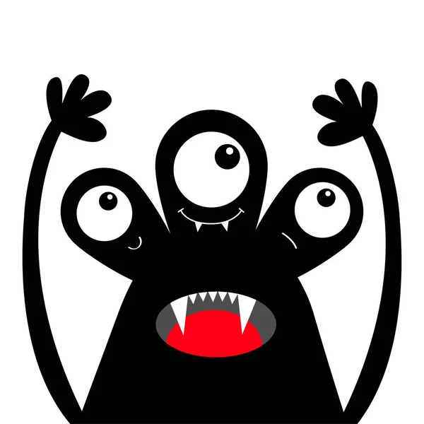 Mostro testa silhouette nera. Buon Halloween. Tre occhi, zanne di denti, lingua, mani in alto. Carino cartone animato kawaii personaggio divertente. Collezione per bambini. Design piatto. Fondo bianco . — Vettoriale Stock