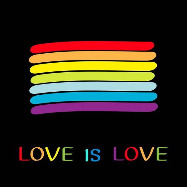 Rainbow flag. Love is love text quote. LGBT gay symbol. Colorful line set. Flat design. Black background. — Stock Vector
