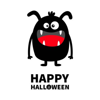 Cadılar Bayramınız Kutlu Olsun. Canavar siyah siluet. Sevimli karikatür kawaii korkunç komik karakter. Bebek koleksiyonu. Çılgın gözler, diş dili, eller. Beyaz arka plan. Izole. Düz tasarım.