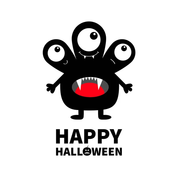 Happy Halloween. Monster black silhouette. Three eyes, fang tooth tongue, hands. Cute cartoon kawaii scary funny character. Baby collection. White background. Isolated. Flat design. — Stock Vector