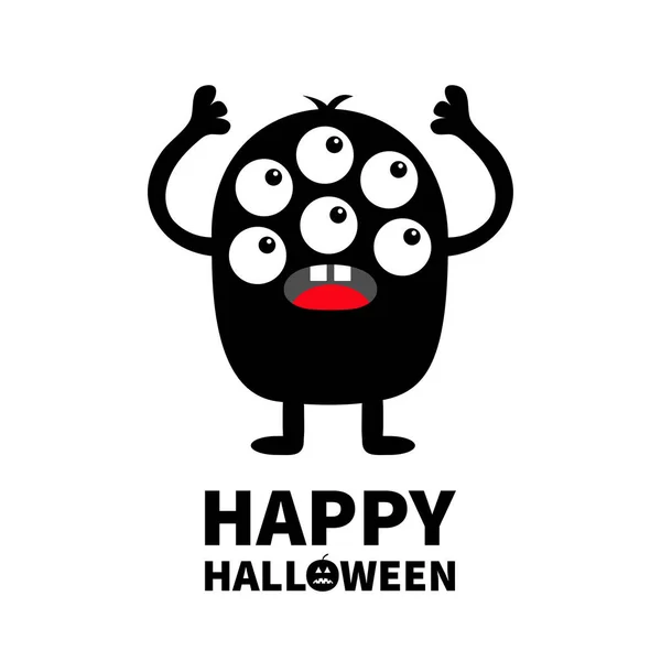 Happy Halloween. Monster black silhouette. Cute cartoon kawaii scary funny character. Baby collection. Many eyes, tooth tongue, hands up. White background. Isolated.Flat design. — Stock Vector