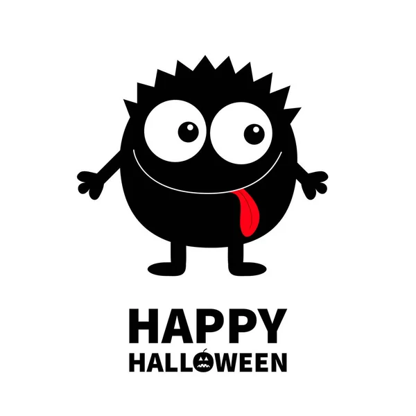 Happy Halloween. Monster black round silhouette. Two eyes, tongue, hands. Cute cartoon kawaii scary funny character. Baby collection. White background. Isolated. Flat design. — Stock Vector