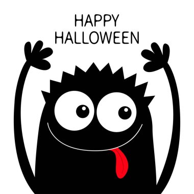 Cadılar Bayramınız Kutlu Olsun. Canavar kafa siyah siluet. İki göz, saç, dili gösteren, elleri yukarı. Sevimli karikatür kawaii komik karakter. Bebek çocuk koleksiyonu. Düz tasarım. Beyaz arka plan.