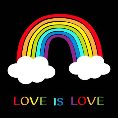 Gökkuşağı simgesi. Gökyüzünde iki bulut var. Renkli çizgi seti. Bulut şekli. Sevimli karikatür kawaii çocuklar küçük resim. Aşk aşktır. Tebrik kartı. LGBT topluluğu. Eşcinsel bayrağı sembolü. Düz tasarım. Siyah arka plan.
