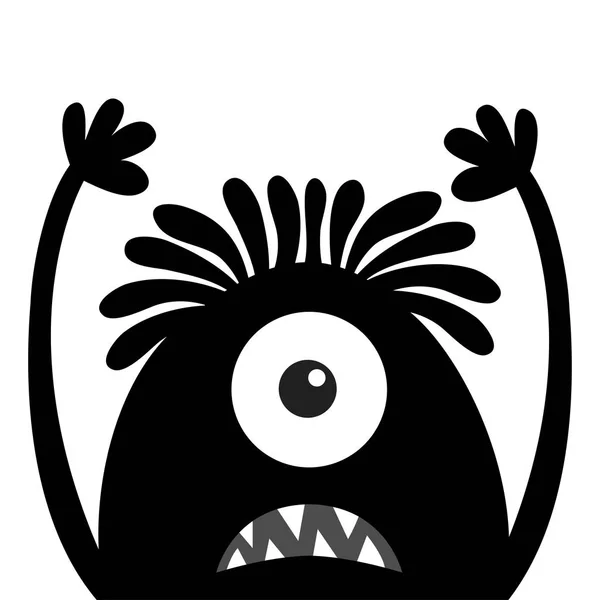 Silueta negra con cabeza de monstruo. Un ojo, pelo, colmillos de dientes, lengua, manos arriba. Feliz Halloween. Lindo personaje divertido kawaii de dibujos animados. Colección de niños bebé. Diseño plano. Fondo blanco . — Vector de stock