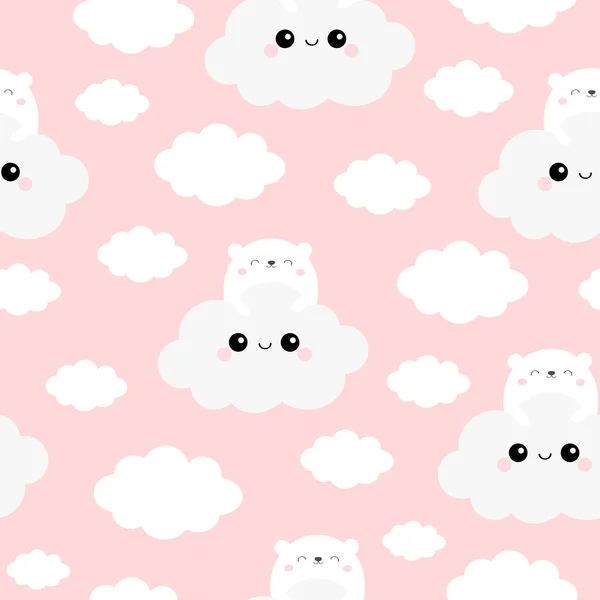 Patrón sin costuras. Cara de oso blanco sosteniendo la nube en el cielo. Lindo personaje de dibujos animados kawaii divertido bebé sonriente. Decoración de vivero. Papel de envolver, plantilla textil. Fondo rosa. Diseño plano . — Archivo Imágenes Vectoriales