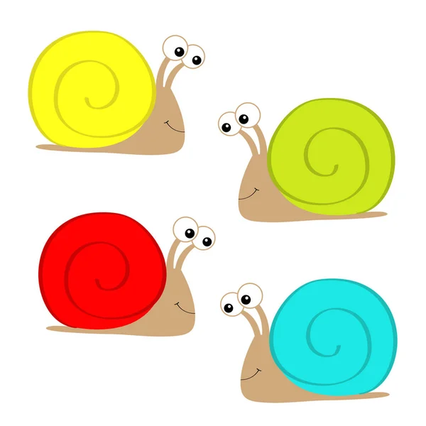 Snail icon set. Colorful shell house. Cute cartoon kawaii funny character. Insect isolated. Big eyes. Smiling face. Flat design. Baby clip art. White background. — Stock Vector