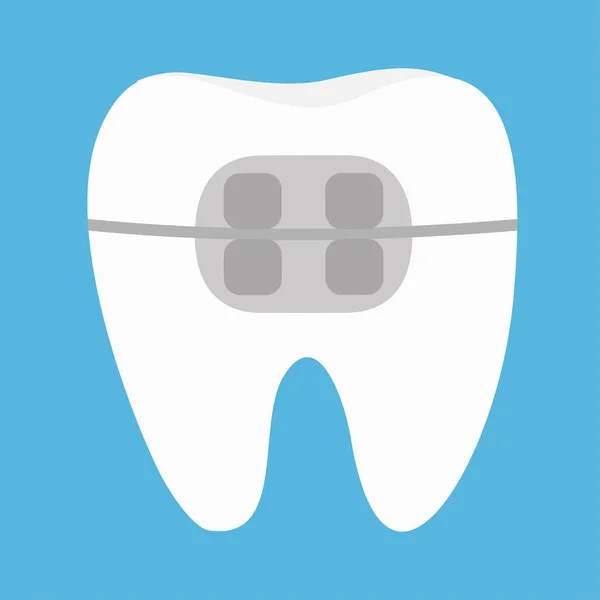 Піктограма білих зубів. Мила мультяшна смішна ікона. Брейсинг зубів. Гігієна зубів. Догляд за зубами дітей. Плоский дизайн. Синій фон . — стоковий вектор