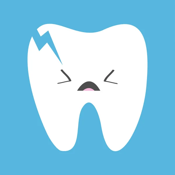 Un'icona rotta a forma di dente. faccina triste emoticon. Piangere denti malati con la carie. Carino cartone animato kawaii personaggio bambino divertente. Igiene dentale orale. Sfondo blu. Design piatto . — Vettoriale Stock