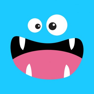 Canavar kafa. Boo Spooky çığlık gülümseyen yüz duygu. İki göz, dil, diş dişi, fare. Kare kafa. Mutlu Cadılar Bayramı kartı. Düz tasarım tarzı. Mavi arka plan.