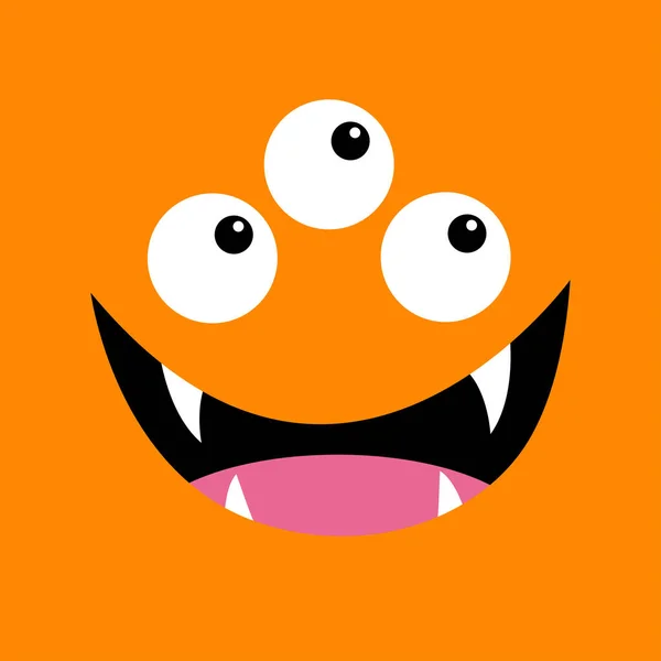 Monster head. Boo Spooky Screaming face emotion. Three eyes, teeth fang, tongue, mouse. Square head. Happy Halloween card. Flat design style. Orange background. — Stock Vector