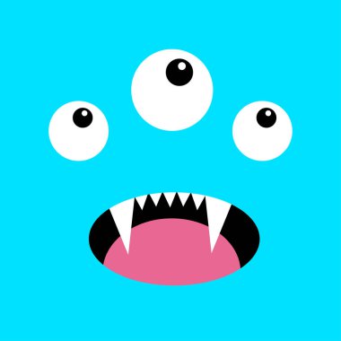 Canavar kafası. Boo Spooky Screaming yüz duygu. Üç göz, dil, diş sivrisi, fare. Kare kafa. Mutlu Cadılar Bayramı kartı. Düz tasarım tarzı. Mavi arka plan.