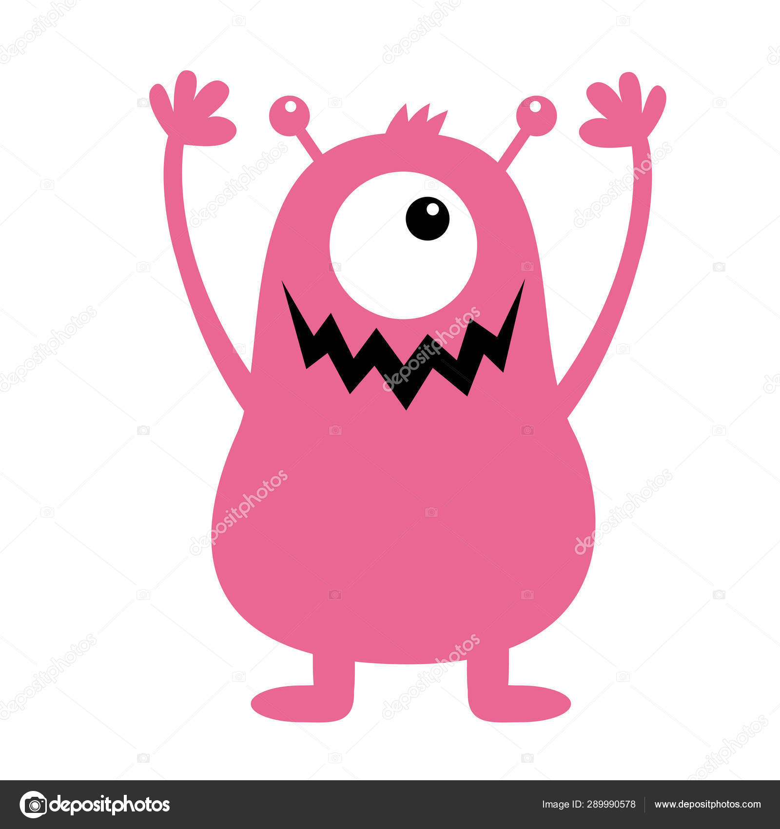 モンスターピンクのシルエット。かわいい漫画可愛い怖い面白いキャラクターです。赤ちゃんのコレクション。片目、牙の歯、手、角、髪。白い背景。分離。楽しいハロウィンをお過ごし下さい。フラットデザイン.  ストックベクター ©worldofvector 289990578 カワイイピンク ..., image size:1600x1700