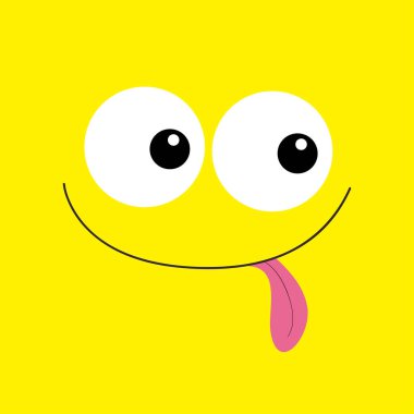 Canavar kafası. Boo Spooky gülümseyen yüz duygu. İki göz, dili, faresi. Kare kafa. Mutlu Cadılar Bayramı kartı. Düz tasarım tarzı. Sarı arka plan.