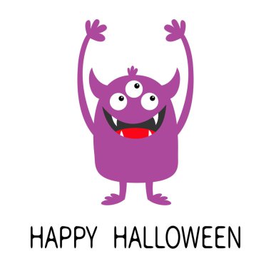 Cadılar Bayramınız Kutlu Olsun. Canavar menekşe siluet simgesi. Üç göz, diş dişleri, boynuzlar, yuhalama elleri yukarı. Sevimli kawaii karikatür komik karakter. Bebek çocuk koleksiyonu. Beyaz arka plan. Izole. Düz tasarım.