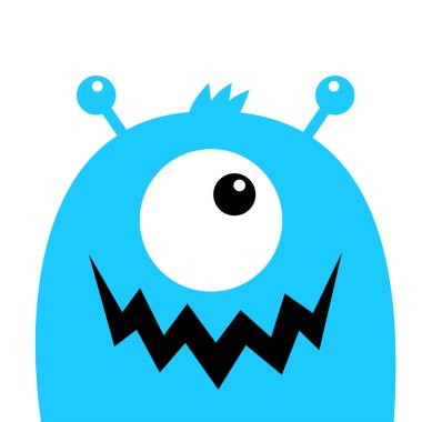 Canavar kafa mavisilueti. Bir göz, dişler ağız, boynuzlar. Sevimli kawaii karikatür komik karakter. Cadılar Bayramınız Kutlu Olsun. Bebek çocuk koleksiyonu. Beyaz arka plan. Izole. Düz tasarım.
