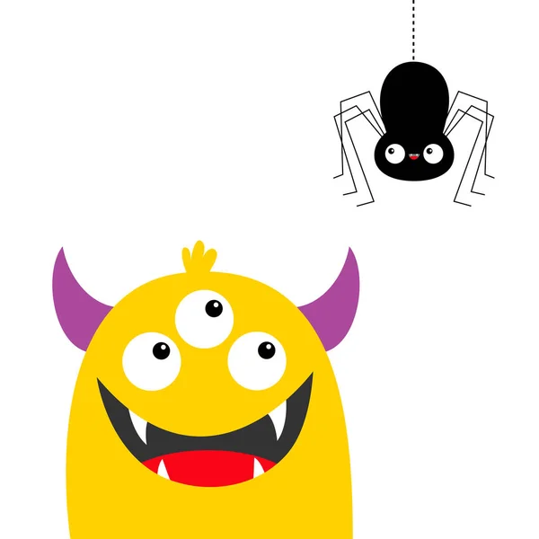 Potwór żółta głowa patrząc na wiszące czarny pająk. Trzy oczy, ząb Fang, rogi, ręce w górę. Cute Kawaii kreskówka zabawny charakter dziecka. Szczęśliwy projekt Halloween. Flat. Białe tło. — Wektor stockowy