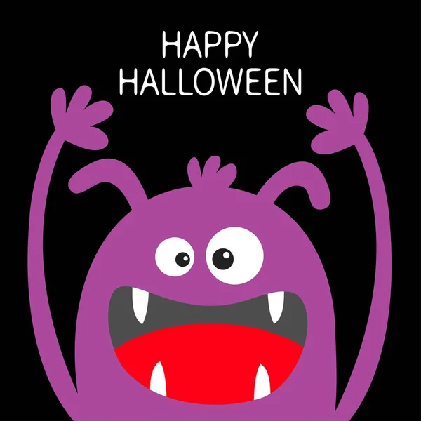 Feliz Halloween. Silueta violeta con cabeza de monstruo. Dos ojos, orejas, colmillos de dientes, lengua, manos arriba. Lindo personaje divertido kawaii de dibujos animados. Colección de niños bebé. Diseño plano. Fondo negro . — Vector de stock