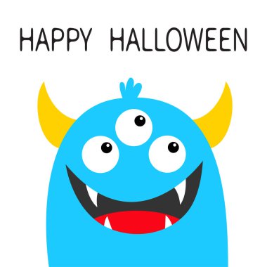 Cadılar Bayramınız Kutlu Olsun. Canavar kafa mavi siluet yüz. Üç göz, diş dişleri gülümseme, sarı boynuzlar. Sevimli kawaii karikatür komik karakter. Bebek çocuk koleksiyonu. Düz tasarım. Beyaz arka plan. Izole.