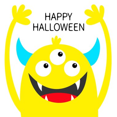 Cadılar Bayramınız Kutlu Olsun. Canavar kafa sarı siluet. Üç göz, diş dişleri, boynuzlar, eller yukarı. Sevimli kawaii karikatür komik karakter. Bebek çocuk koleksiyonu. Düz tasarım. Beyaz arka plan. Izole.