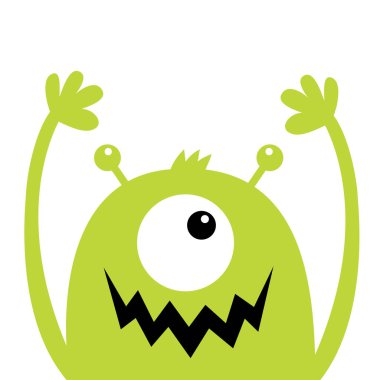 Canavar kafa yeşil siluet. Bir gözü, dişleri ağız, boynuzlar, eller yukarı. Sevimli kawaii karikatür komik karakter. Cadılar Bayramınız Kutlu Olsun. Bebek çocuk koleksiyonu. Düz tasarım. Beyaz arka plan. Izole.