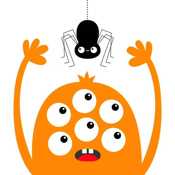 Tête de monstre silhouette orange. Six yeux, dents, langue, mains en l'air. Une araignée suspendue. Mignon personnage drôle de dessin animé kawaii. Collection de bébés enfants. Joyeux Halloween. Design plat. Fond blanc . — Image vectorielle