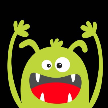 Canavar kafa yeşil siluet. Cadılar Bayramınız Kutlu Olsun. İki göz, kulak, diş, dil, eller yukarı . Sevimli karikatür kawaii komik karakter. Bebek çocuk koleksiyonu. Düz tasarım. Siyah arka plan.