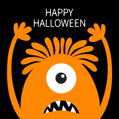 Cadılar Bayramınız Kutlu Olsun. Canavar kafa turuncu siluet. Bir göz, saç, diş dişleri, dil, eller yukarı . Sevimli karikatür kawaii komik karakter. Bebek çocuk koleksiyonu. Düz tasarım. Siyah arka plan.