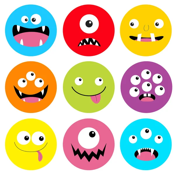 Monster hoofd ronde icon set. Boo Spooky schreeuwen glimlachen triest gezicht emotie. Drie ogen, tong, tanden Fang, muis. Happy Halloween kaart. Vlakke ontwerp stijl. Witte achtergrond. — Stockvector