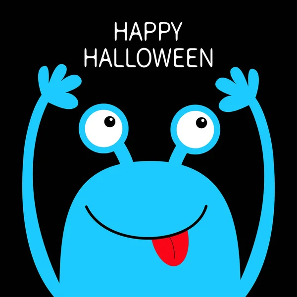 Happy Halloween. Monster head blue silhouette. Two eyes, face showing tongue, hands up. Cute cartoon kawaii funny character. Baby kids collection. Flat design. Black background. — Stock Vector