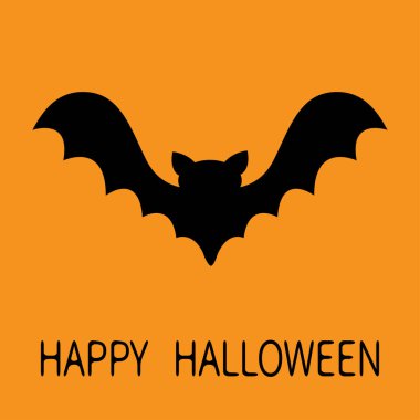 Cadılar Bayramınız Kutlu Olsun. Yarasa uçan siyah siluet simgesi. Büyük açık kanat ile sevimli karikatür bebek karakteri. Orman hayvanı. Düz tasarım. Turuncu arka plan. Izole. Tebrik kartı.
