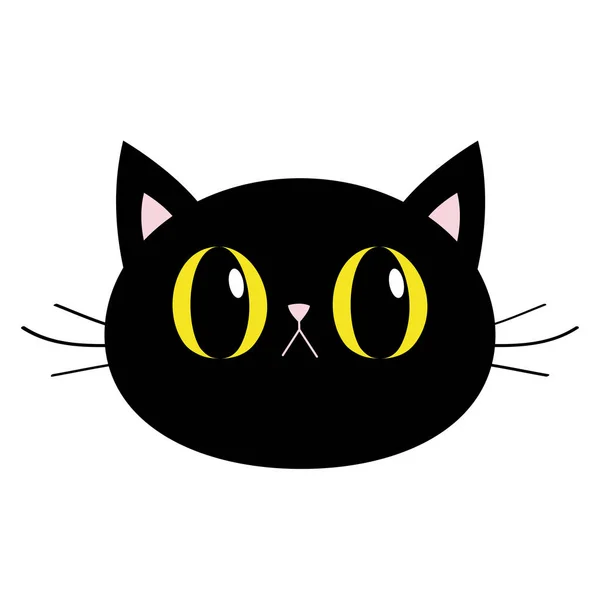 Черный кот круглоголовый значок. Большие желтые глаза. Розовый нос, уши. Милый смешной мультяшный персонаж. Грустные эмоции. Коллекция домашних животных Китти Вискер Бэби. Белый фон. Изолирована. Плоский дизайн . — стоковый вектор