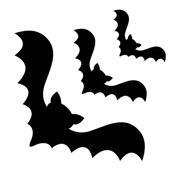 Drei fliegende Fledermaus schwarze Ecke Silhouette Icon-Set. niedliche Cartoon-Babyfigur mit großem offenen Flügel. fröhliches Halloween. Waldtier. flache Bauweise. weißer Hintergrund. Vereinzelt. Grußkarte. — Stockvektor