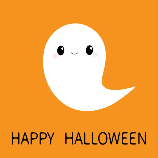 Flying ghost spirit. Boo. Happy Halloween. Scary white baby ghosts. Cute cartoon spooky character. Smiling face, hands. Greeting card. Flat design. Orange background.