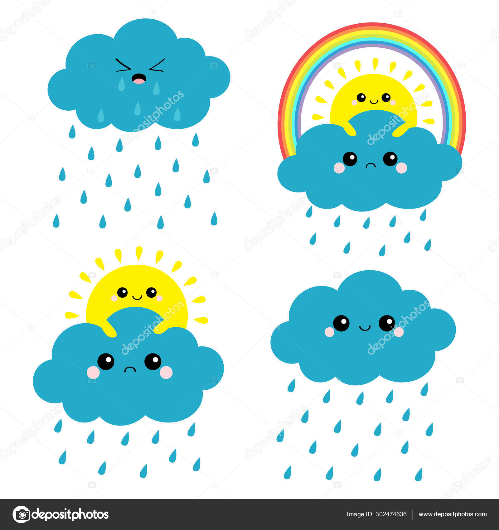 Sol, nube, arco iris, puesta de lluvia. Cara triste sonriente. Lluvia caída  del tiempo. Amigos para, image size:1600x1700