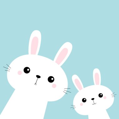 Köşede iki tavşan tavşan ı var. Sonsuza kadar arkadaşlar. Sevimli karikatür kawaii komik bebek çocuk karakter. Mutlu Paskalyalar. Çiftlik hayvanı. Mavi pastel arka plan. Düz tasarım.
