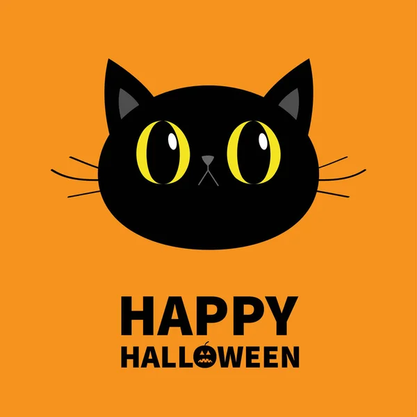 Vrolijke Halloween. Zwarte kat ronde gezicht hoofd silhouet. Grote gele ogen. Snorren. Schattig cartoon karakter. Baby dieren dieren collectie. Plat ontwerp. Oranje achtergrond. — Stockvector