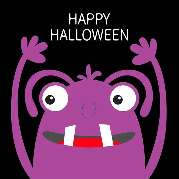 Счастливого Хэллоуина. Фиолетовый силуэт головы монстра. Два глаза, зубы, язык, руки вверх, бровь. Симпатичный мультяшный персонаж. Детская коллекция. Плоский дизайн. Чёрный фон . — стоковый вектор