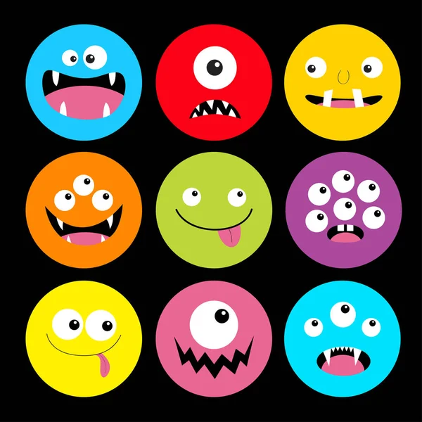 Monster Head Round Icon Set. Buh gruselige kreischende lächelnde traurige Gesichtsbewegungen. Drei Augen, Zunge, Zähne, Maus. Glückliche Halloween-Karte. flachen Design-Stil. schwarzer Hintergrund. — Stockvektor