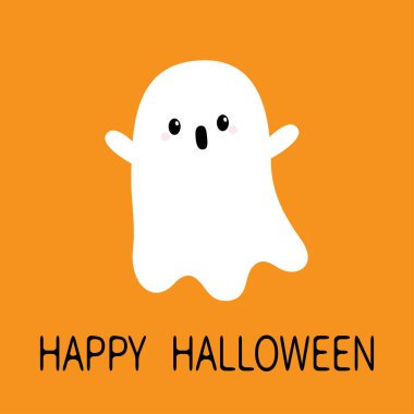 Uçan çığlık atan hayalet ruhu. Boo. Cadılar Bayramınız Kutlu Olsun. Korkunç beyaz bebek hayaletler. Sevimli çizgi film ürkütücü karakter. Komik surat, eller yukarı. Tebrik kartı. Düz tasarım. Turuncu arka plan.