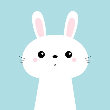 Tavşan tavşan kafası surat. Sevimli karikatür kawaii komik bebek çocuk karakter. Mutlu Paskalyalar. Çiftlik hayvanı. Mavi pastel arka plan. Düz tasarım.