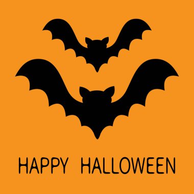 Cadılar Bayramınız Kutlu Olsun. İki yarasa uçan siyah siluet simgesi ayarlayın. Büyük açık kanat ile sevimli karikatür bebek karakteri. Orman hayvanı. Düz tasarım. Turuncu arka plan. Izole. Tebrik kartı.