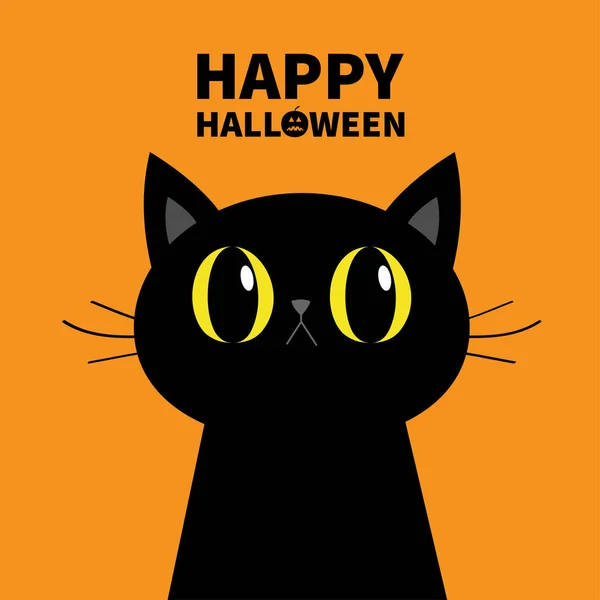 Vrolijke Halloween. Zwarte kat silhouet. Grote gele ogen. Snorren. Schattig cartoon karakter. Baby dieren dieren collectie. Plat ontwerp. Oranje achtergrond. — Stockvector