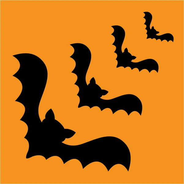 Ensemble de trois silhouettes d'angle noir chauve-souris volantes. Bébé personnage de dessin animé mignon avec grande aile ouverte. Joyeux Halloween. Animal forestier. Design plat. Fond orange. Isolé. Carte de voeux . — Image vectorielle