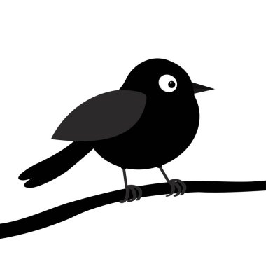 Ağaç dalı üzerinde siyah kuş silueti. Sevgililer günün kutlu olsun. Love Tebrik kartı. Sevimli karikatür kawaii komik bebek karakteri. Düz tasarım. Beyaz arka plan. Izole.